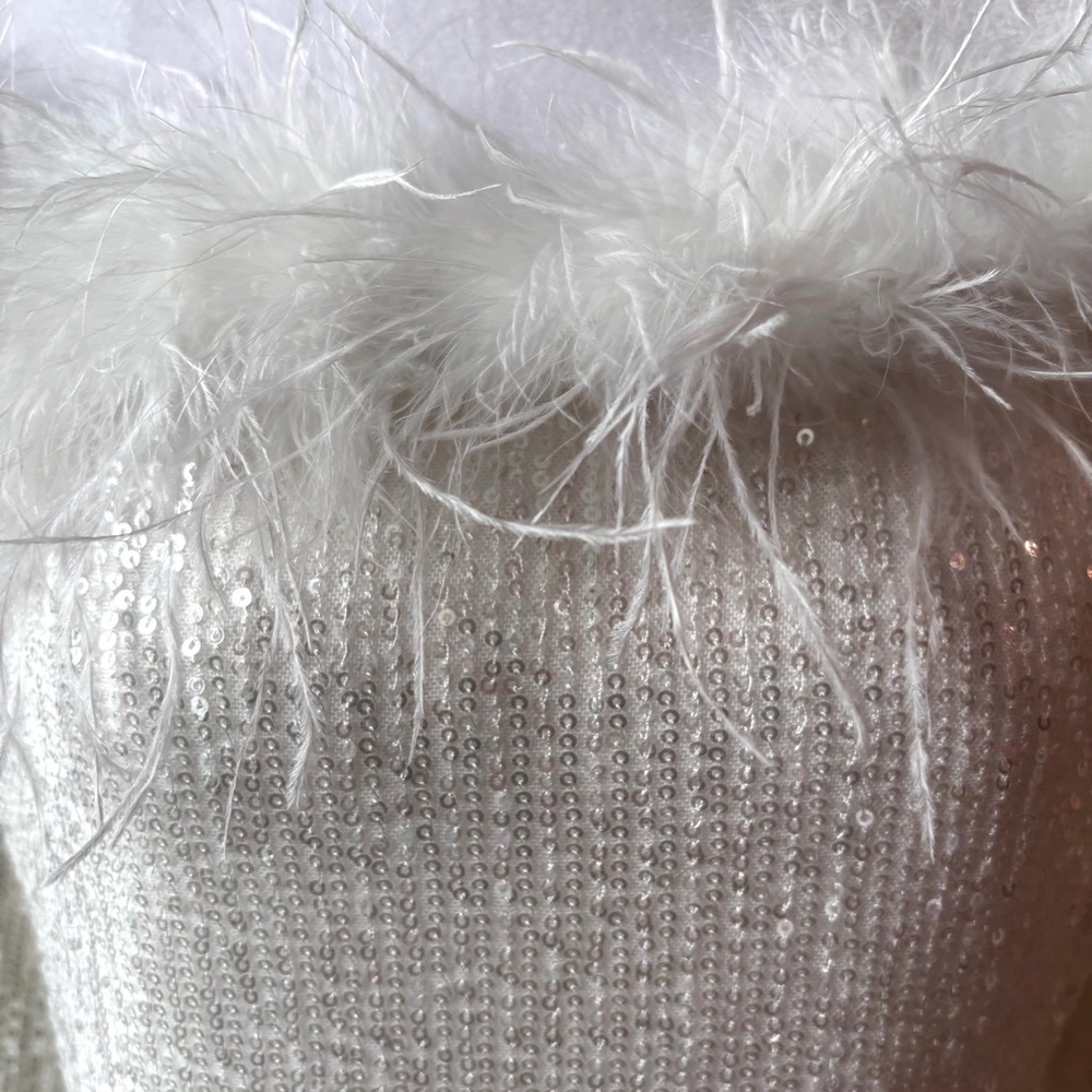NEW White Dress, White Sequins Dress, Dress with Feathers, Prom, NWOT, Size L - Picture 6 of 10